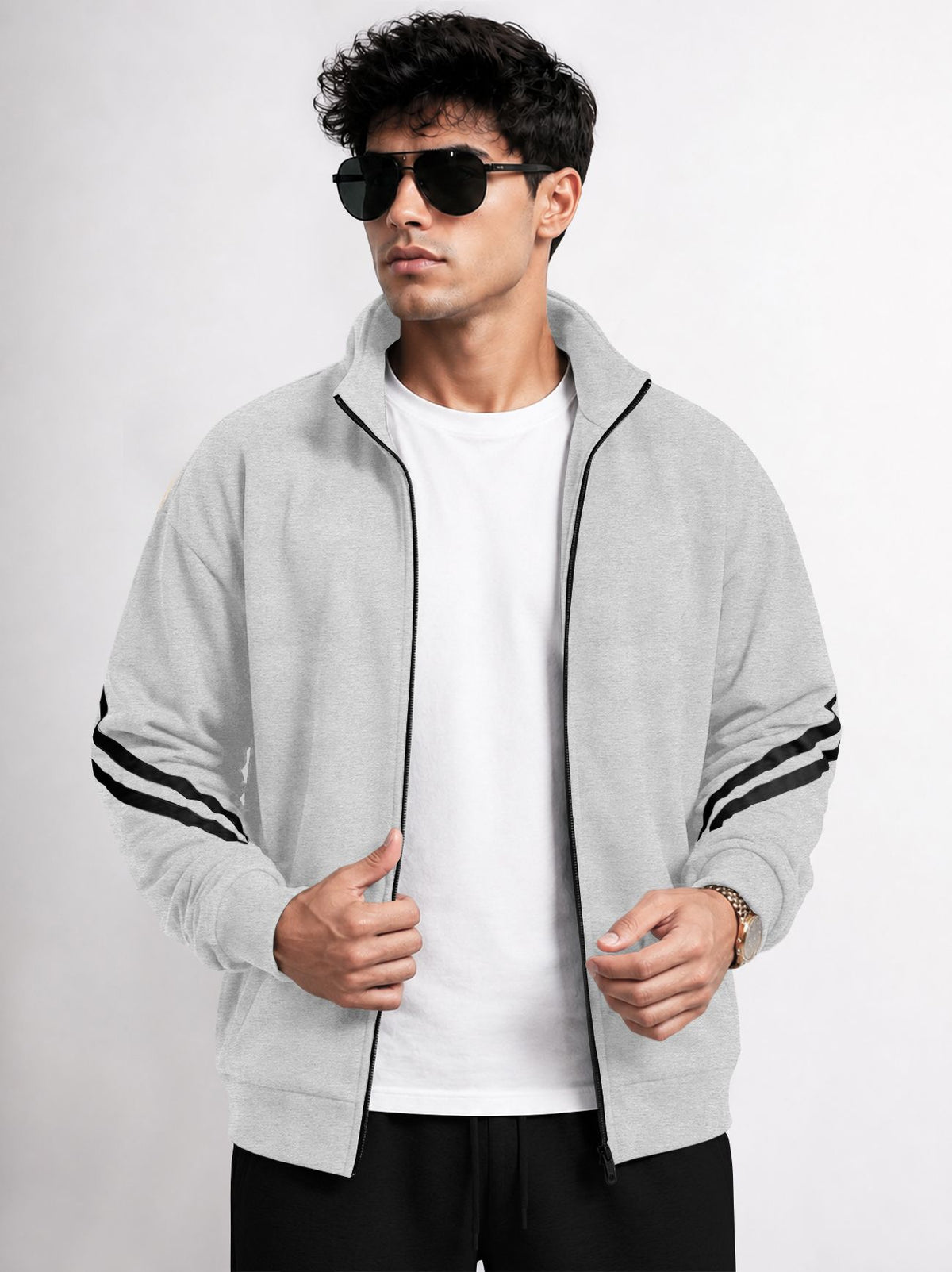 Mens High Neck Color Blocked Winter Jacket Grey