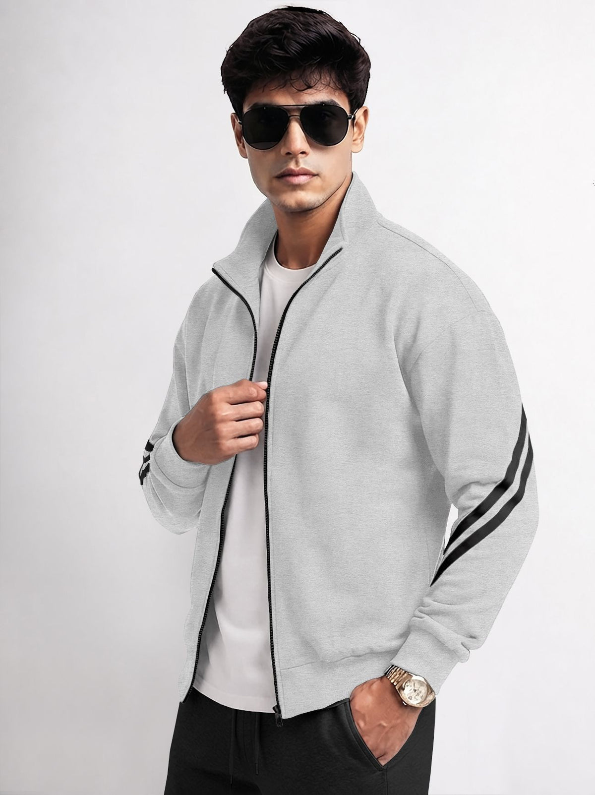 Mens High Neck Color Blocked Winter Jacket Grey