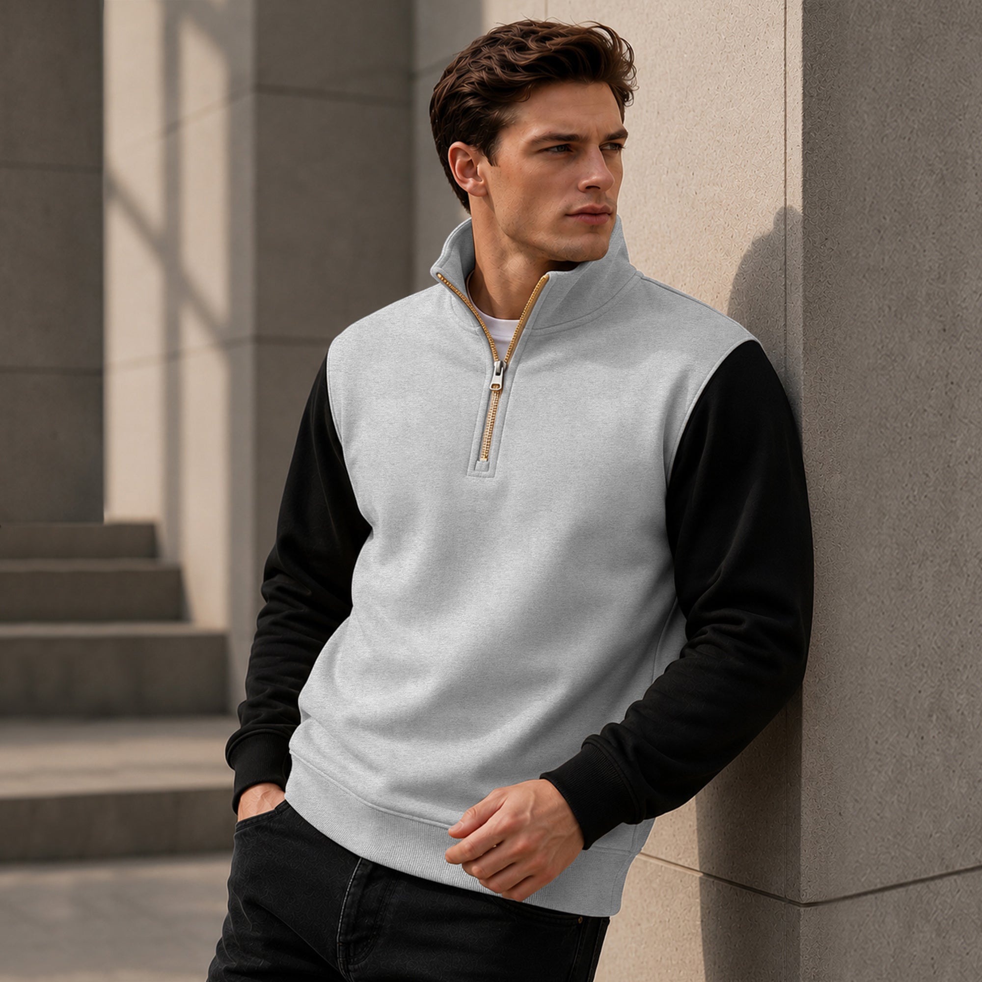 Colorblocked Quarter Zip Neck Full Sleeve Sweatshirt Grey