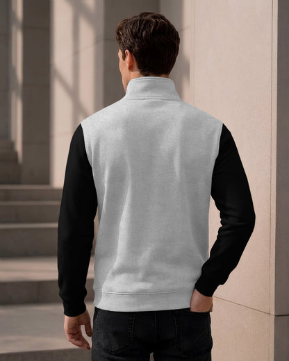 Colorblocked Quarter Zip Neck Full Sleeve Sweatshirt Grey
