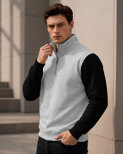 Colorblocked Quarter Zip Neck Full Sleeve Sweatshirt Grey