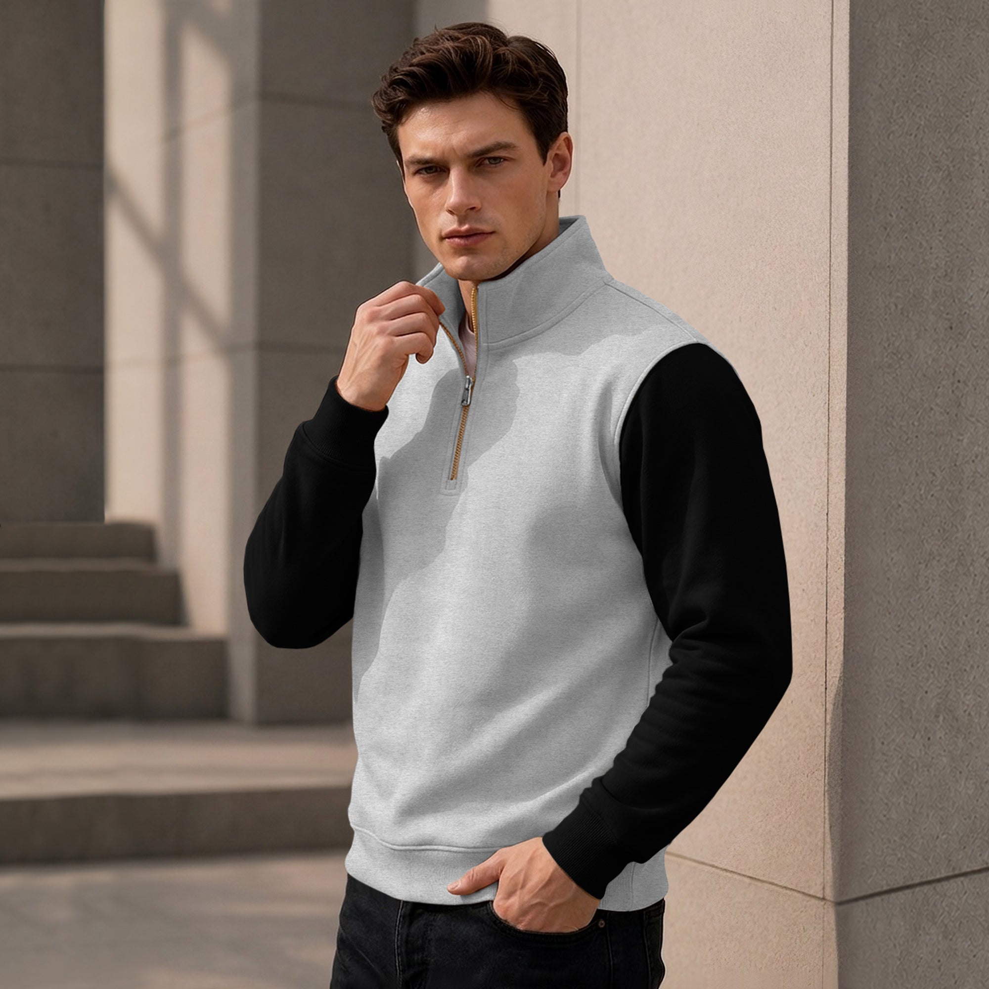 Colorblocked Quarter Zip Neck Full Sleeve Sweatshirt Grey