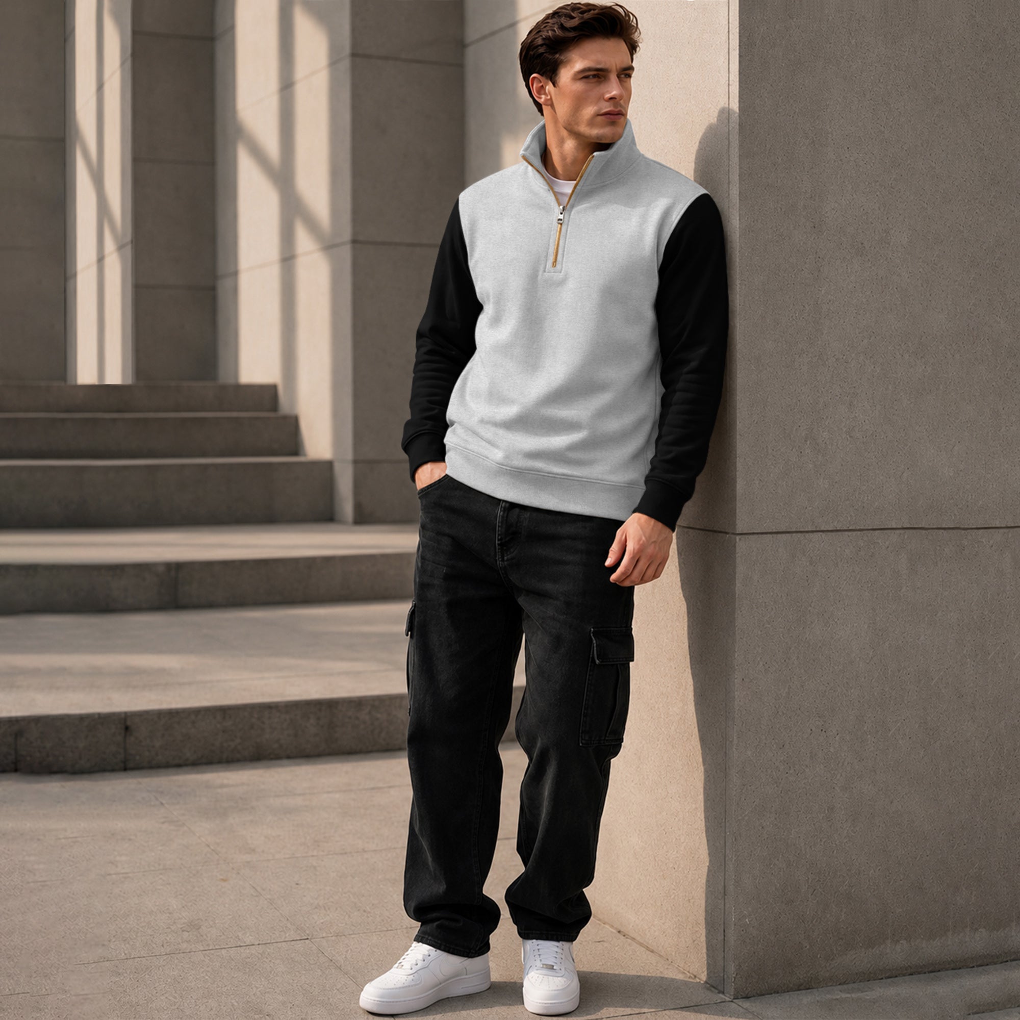 Colorblocked Quarter Zip Neck Full Sleeve Sweatshirt Grey