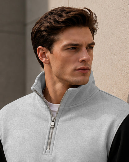 Colorblocked Quarter Zip Neck Full Sleeve Sweatshirt Grey