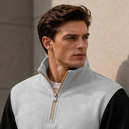 Colorblocked Quarter Zip Neck Full Sleeve Sweatshirt Grey