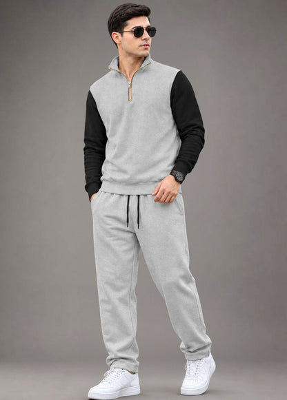 Outfit Set Men Coloblock Sweatshirt & Loose Fit Plain Trackpant