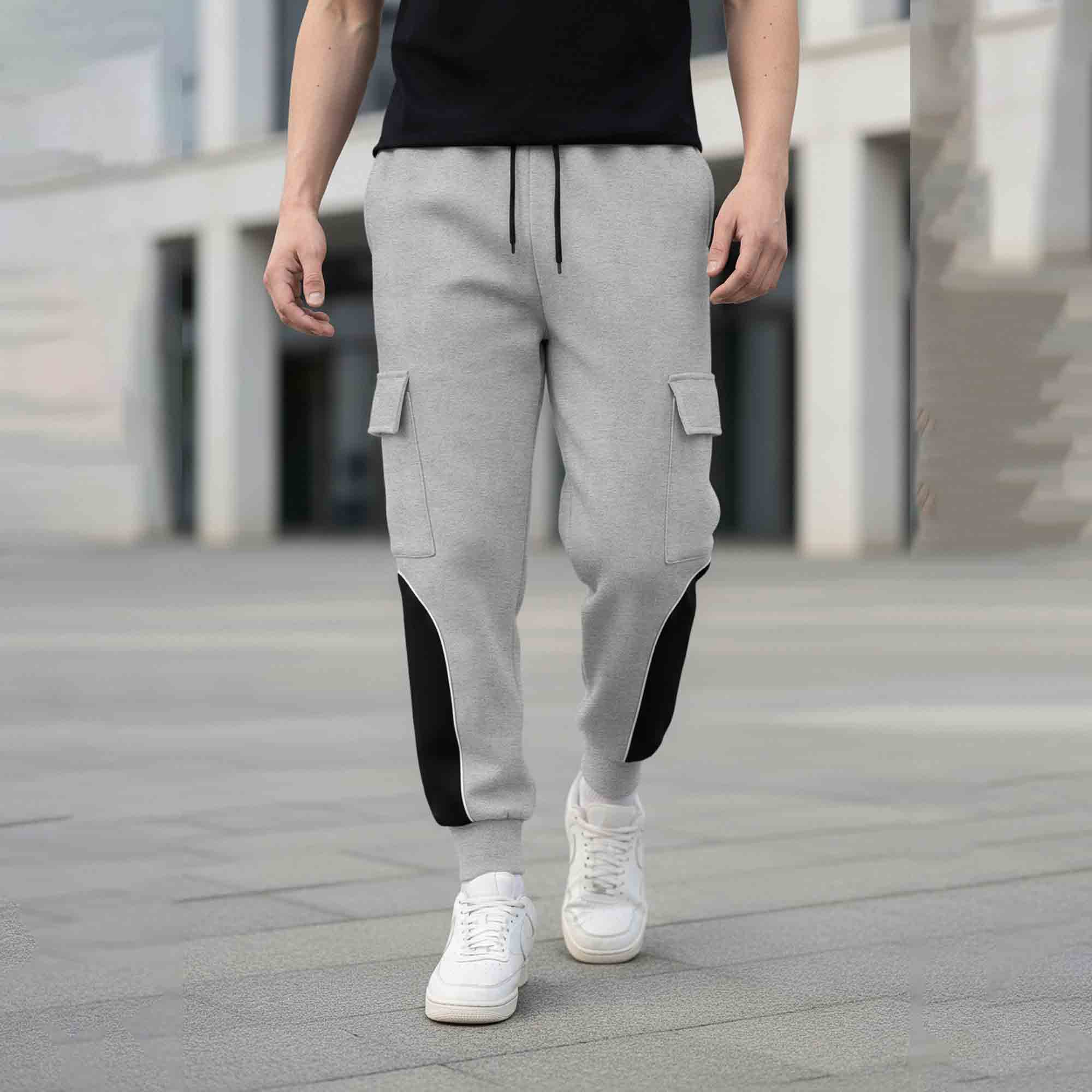 Colorblocked Multipockets Cargo Jogger Grey & Black