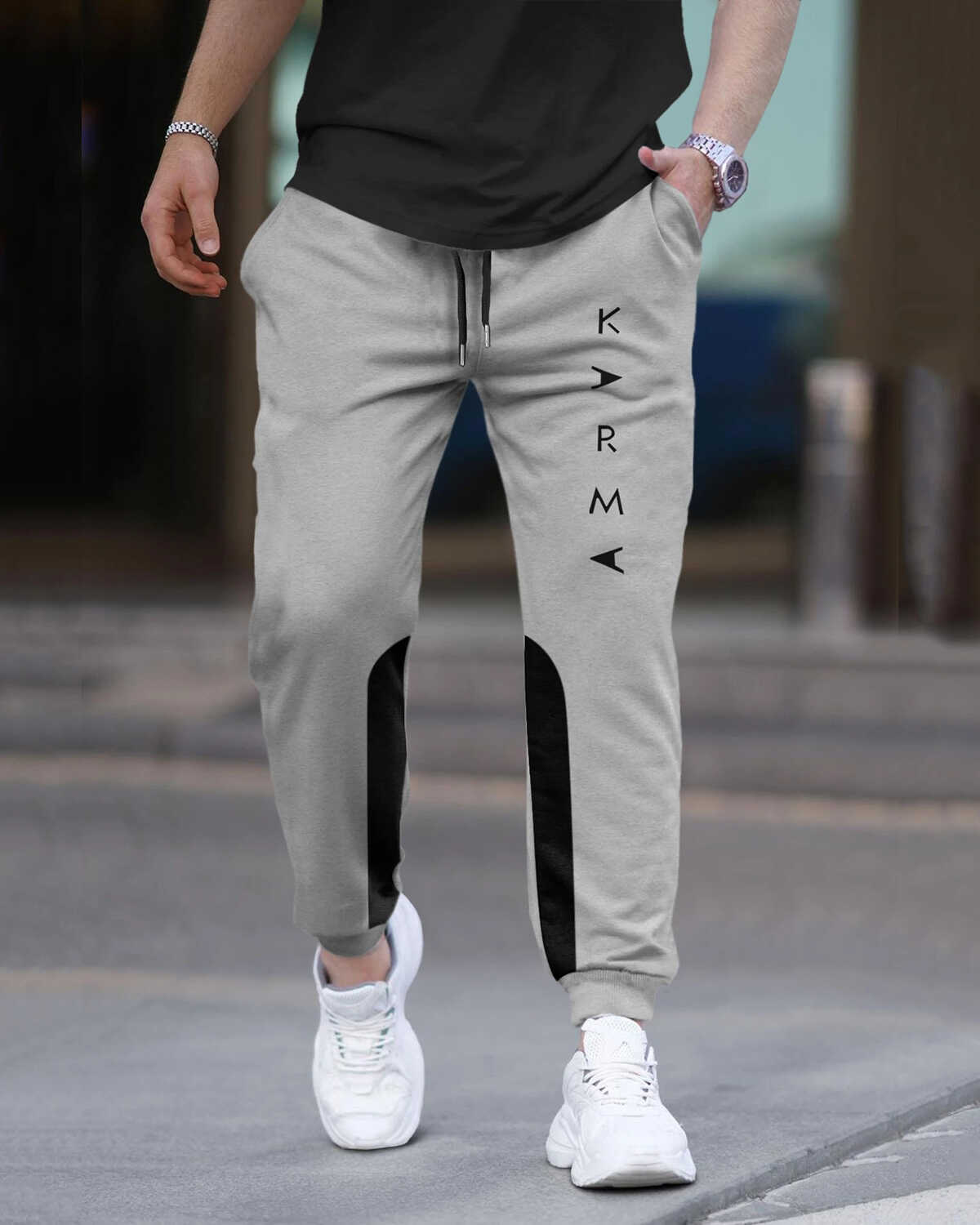 Men Printed Ankle Fit Cuffed Grey & Black Jogger