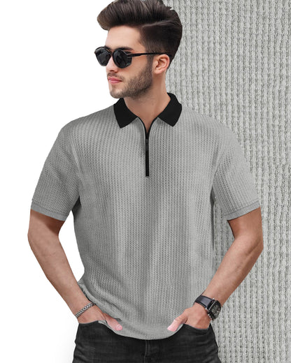 Polo Collar Grey Black Contrast Waffle Textured T-shirt