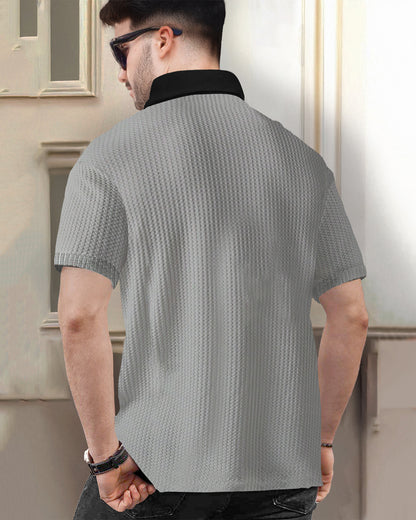 Polo Collar Grey Black Contrast Waffle Textured T-shirt