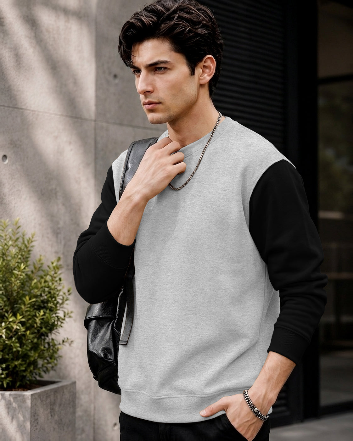 Mens Contrast Sleeve Round Neck Sweatshirt Grey