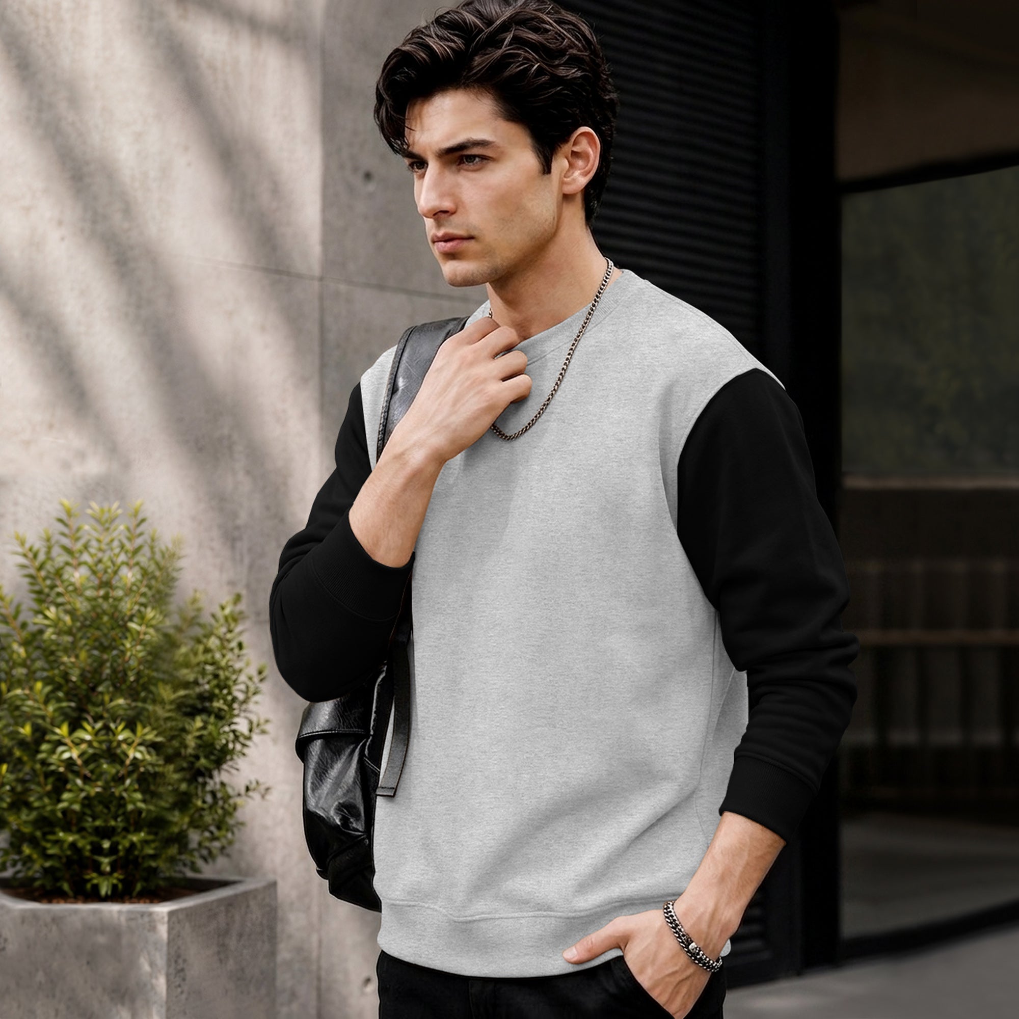 Mens Contrast Sleeve Round Neck Sweatshirt Grey