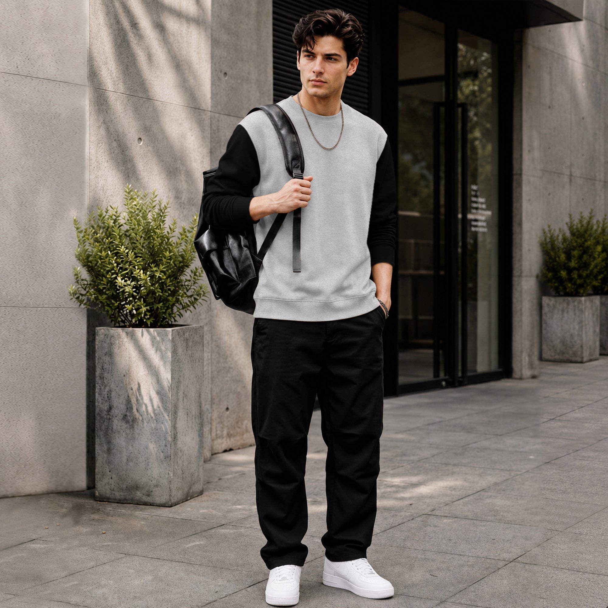 Mens Contrast Sleeve Round Neck Sweatshirt Grey