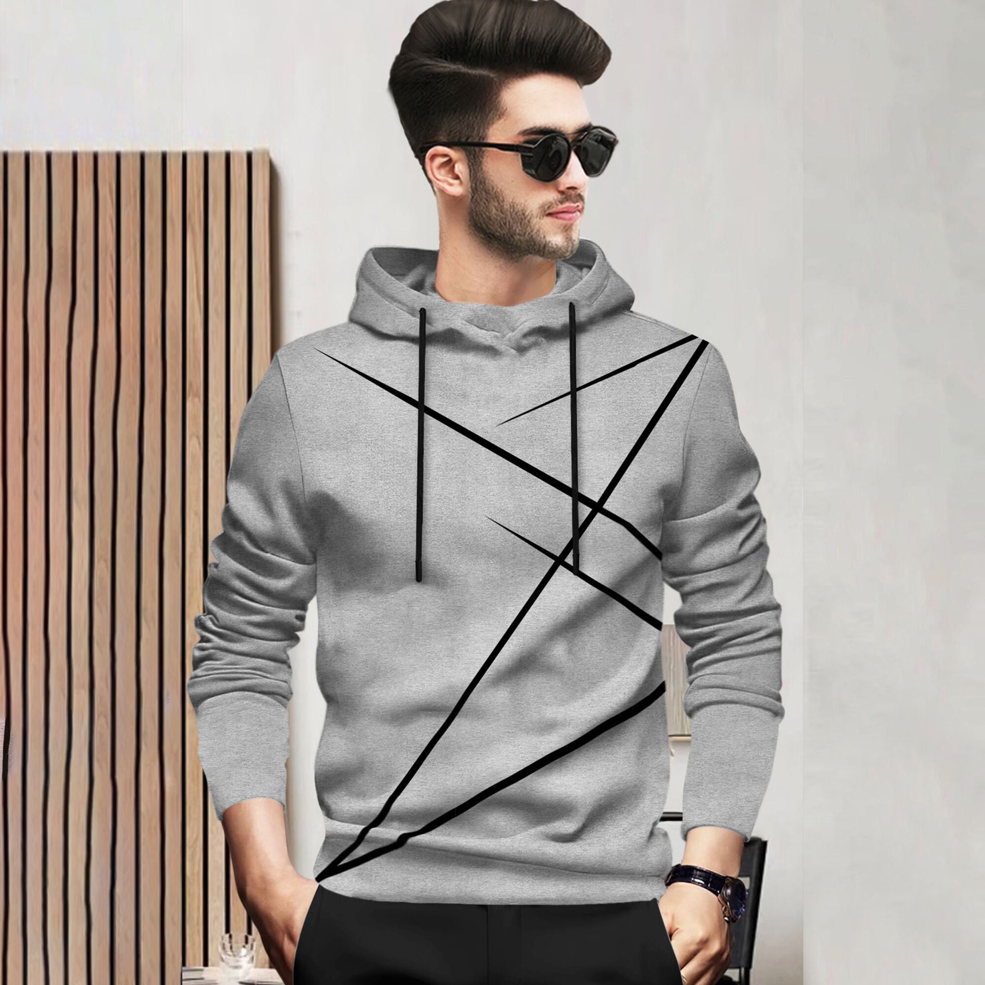 Men Full Sleeve Zig Zag Printed Hooded T-shirt / Grey