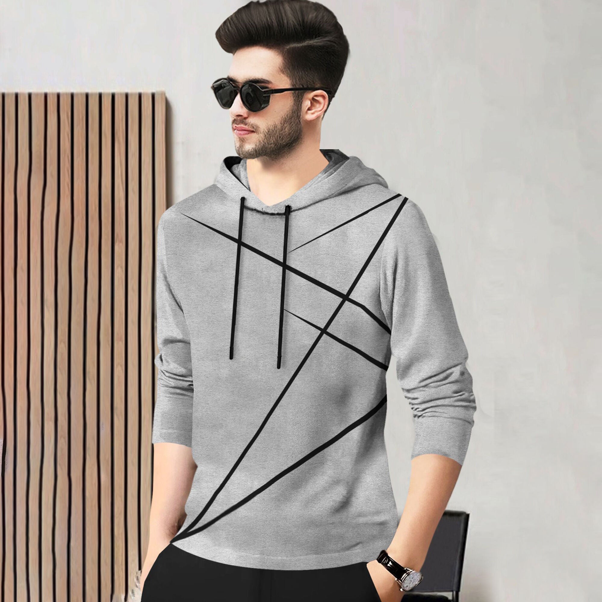 Men Full Sleeve Zig Zag Printed Hooded T-shirt / Grey