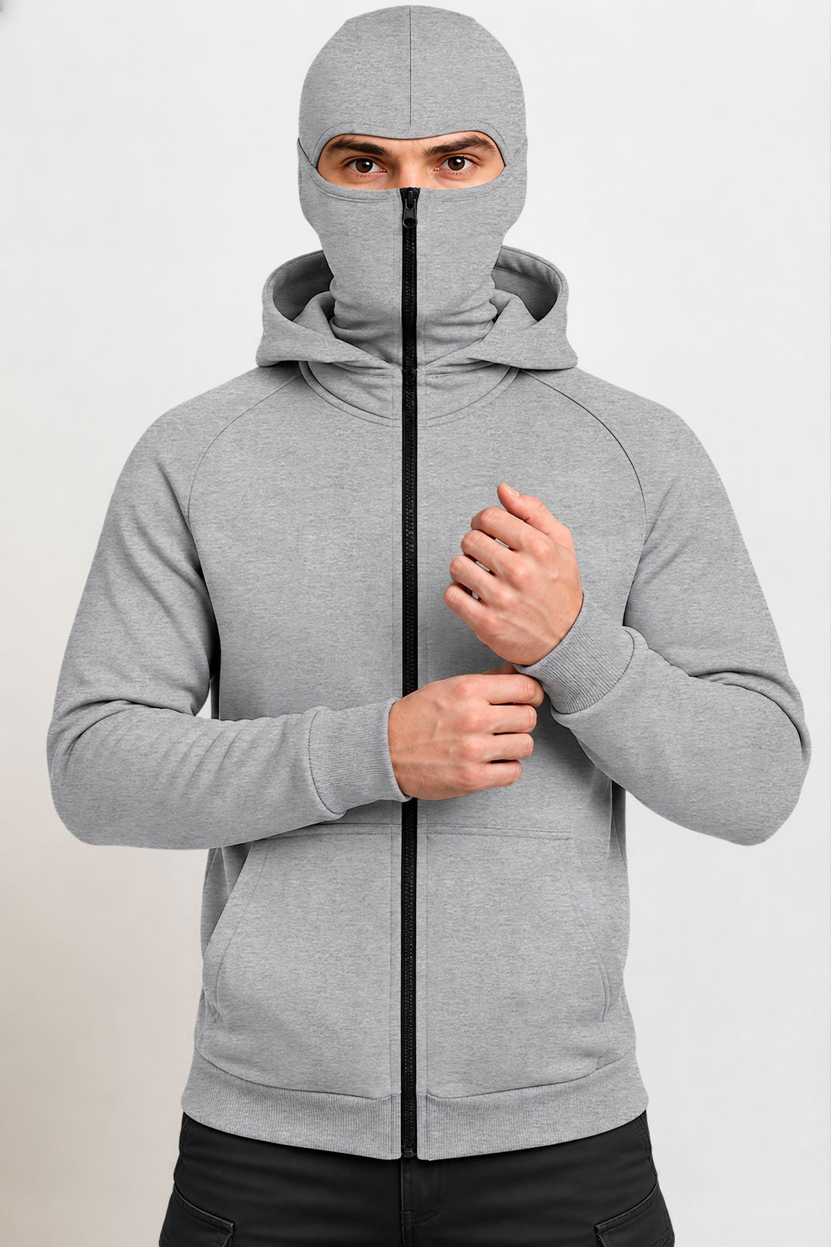Full Sleeve Hooded Neck Mask Jacket Grey