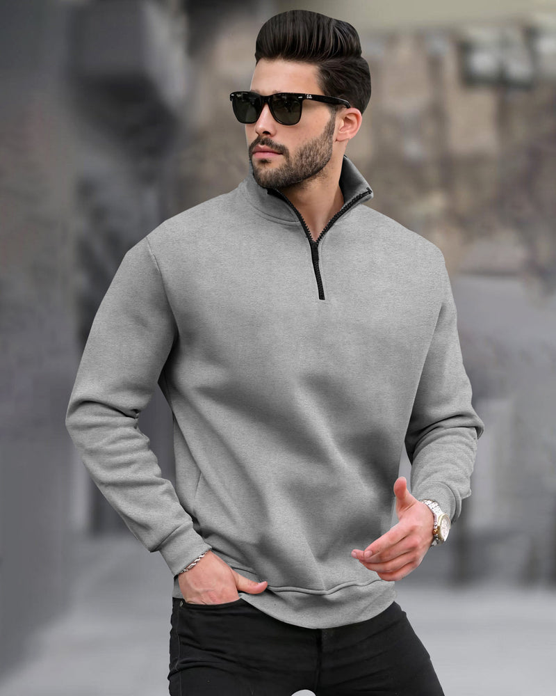 Men Plain Zipper High Neck Casual Sweatshirt / Grey