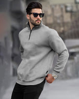 Men Plain Zipper High Neck Casual Sweatshirt / Grey