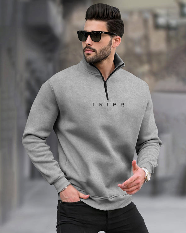 Men Zip-Top High Neck Grey Sweatshirt