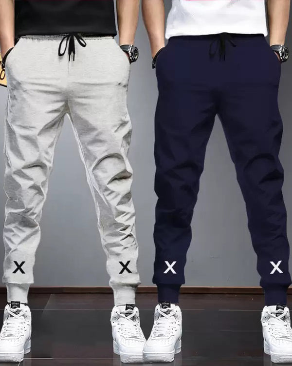 (Pack of 2) Men Cotton Sports Cuff Ankle Trackpants / Grey & Navyblue