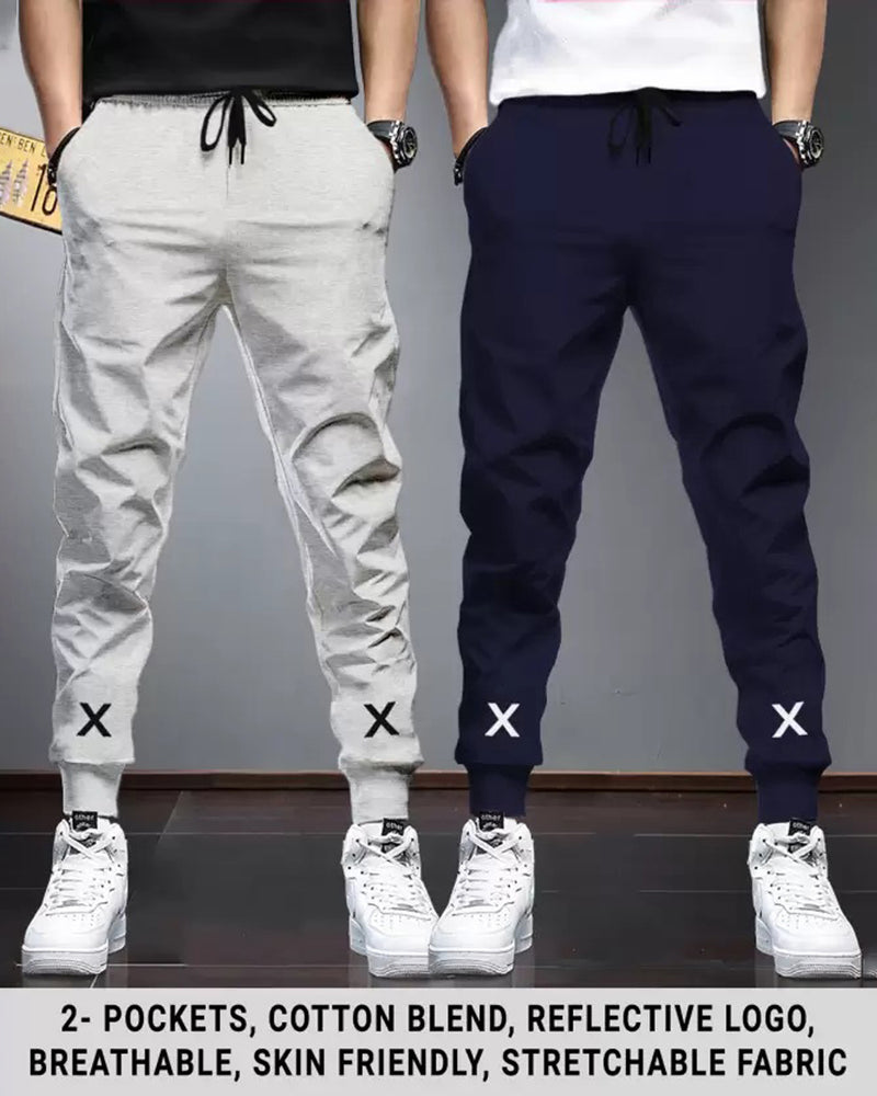 (Pack of 2) Men Cotton Sports Cuff Ankle Trackpants / Grey & Navyblue