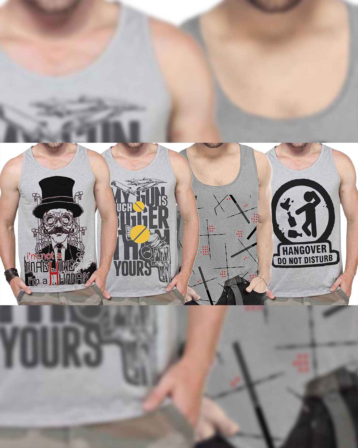 (Pack Of 4) Mens Grey Printed Vests