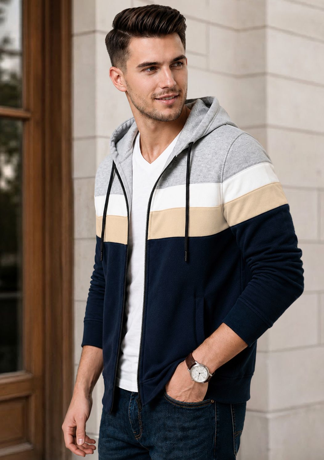 Mens Multicolor Striped Pattern Winter Hooded Jacket