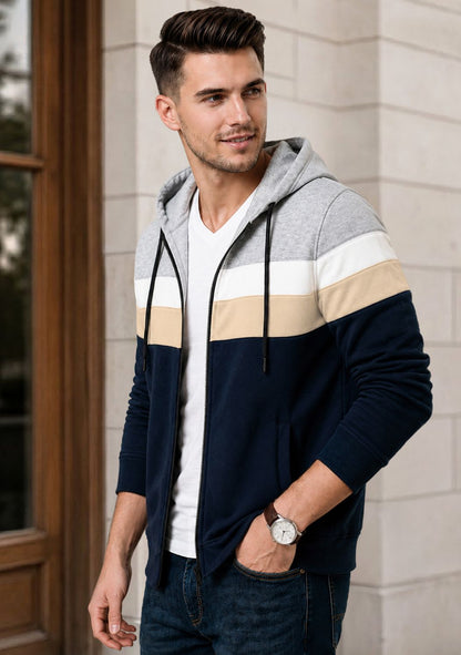 Mens Multicolor Striped Pattern Winter Hooded Jacket