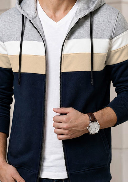 Mens Multicolor Striped Pattern Winter Hooded Jacket