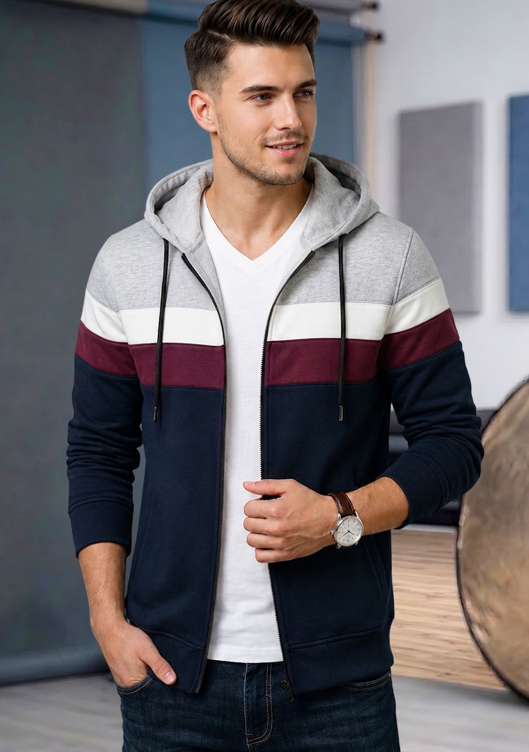 Mens Multicolor Striped Pattern Winter Hooded Jacket