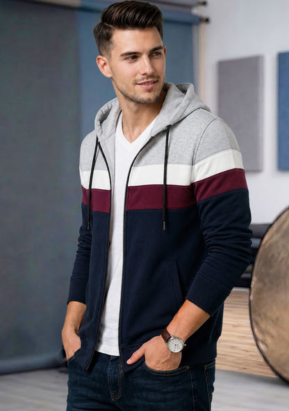 Mens Multicolor Striped Pattern Winter Hooded Jacket