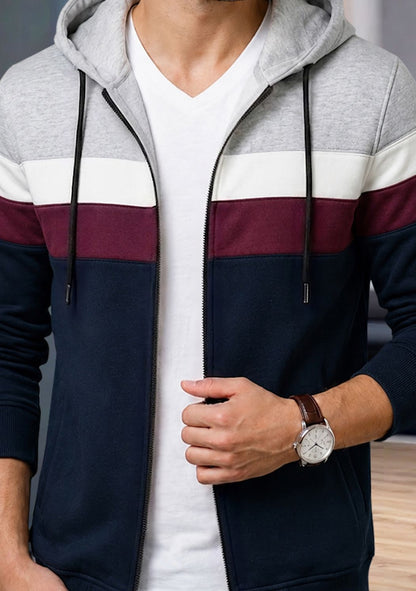 Mens Multicolor Striped Pattern Winter Hooded Jacket