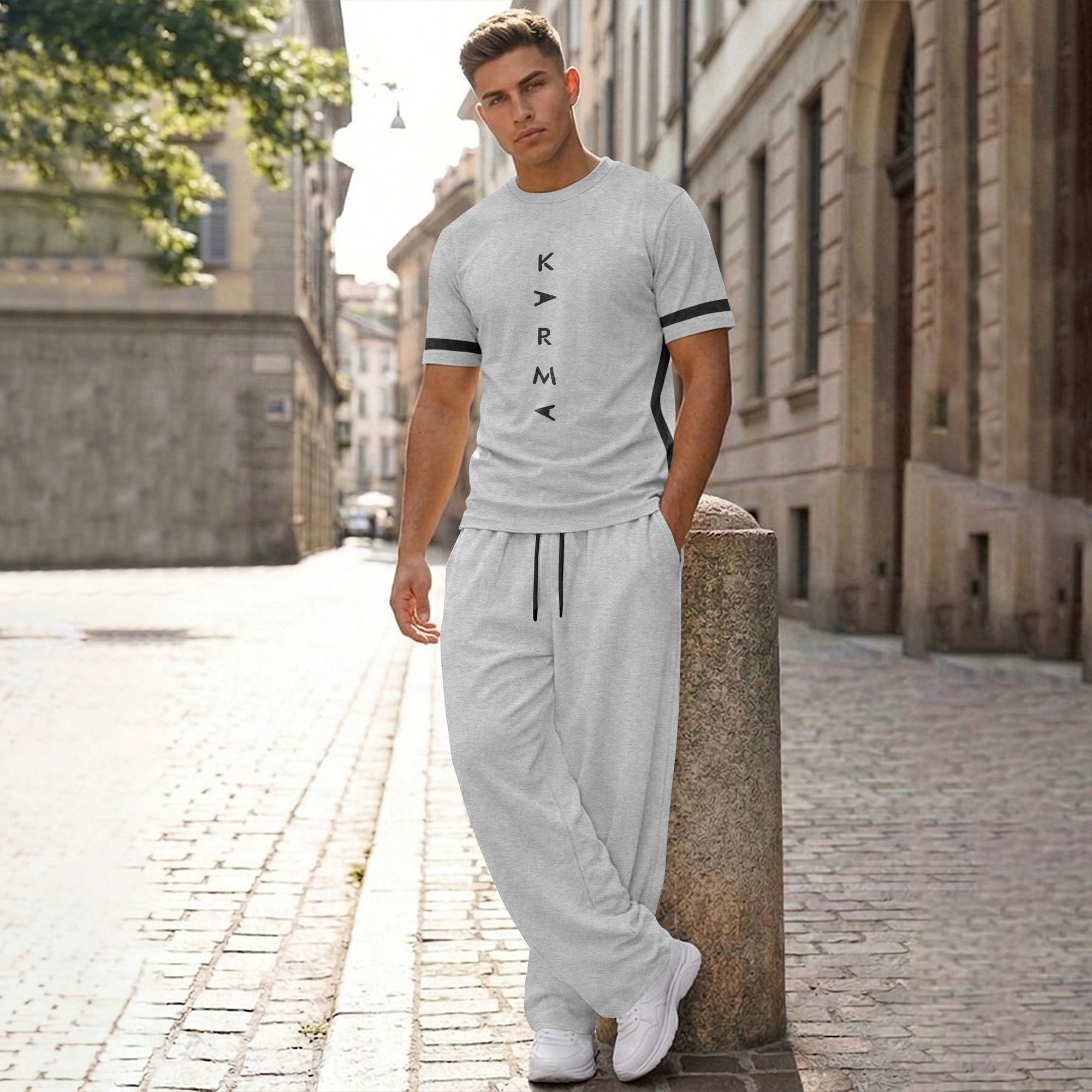 Men Tracksuit Round Neck Printed Tshirts Loose Fit Plain Trackpants