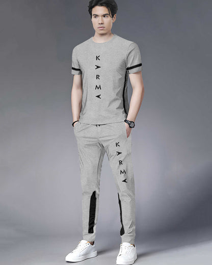 Tracksuit For Men Grey Printed Half T-shirt & Grey Printed Trackpant