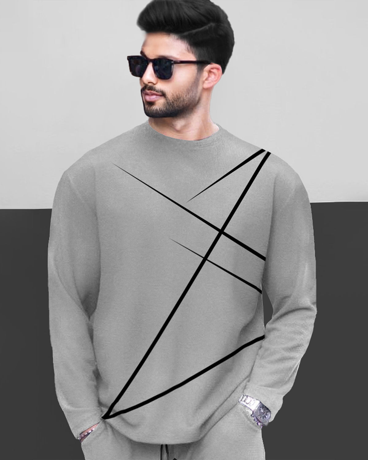Round Neck Full Sleeve Grey T-shirt with Grey Trackpant Mens Tracksuit