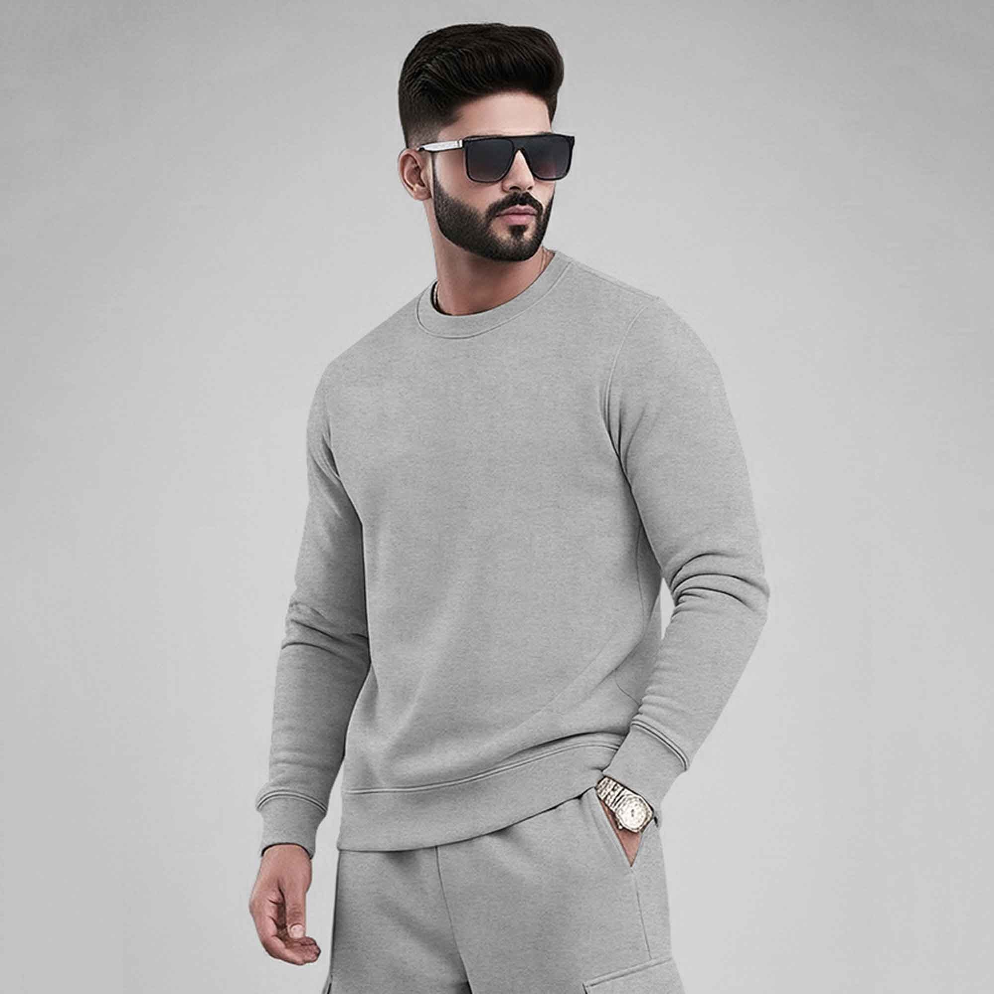 Grey Plain Round Neck Sweatshirt and Cargo Jogger Tracksuit – TRIPR