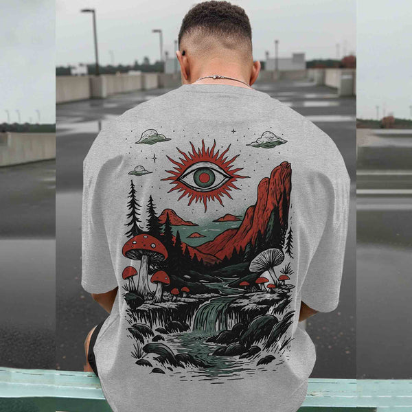 Men Back Printed Loose Fit Baggy Tshirt Grey