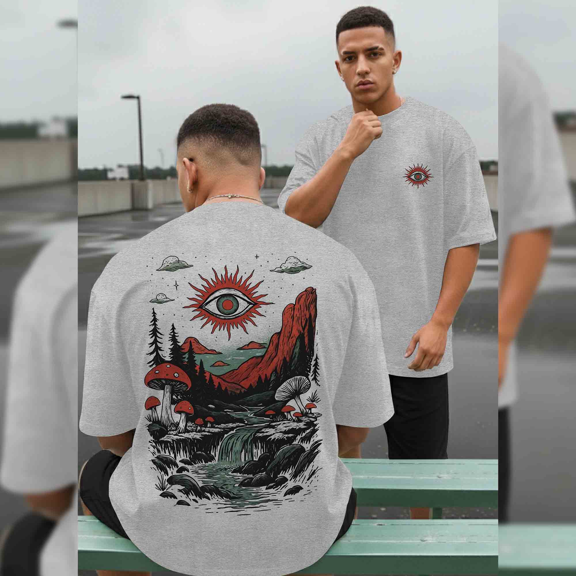 Men Back Printed Loose Fit Baggy Tshirt Grey