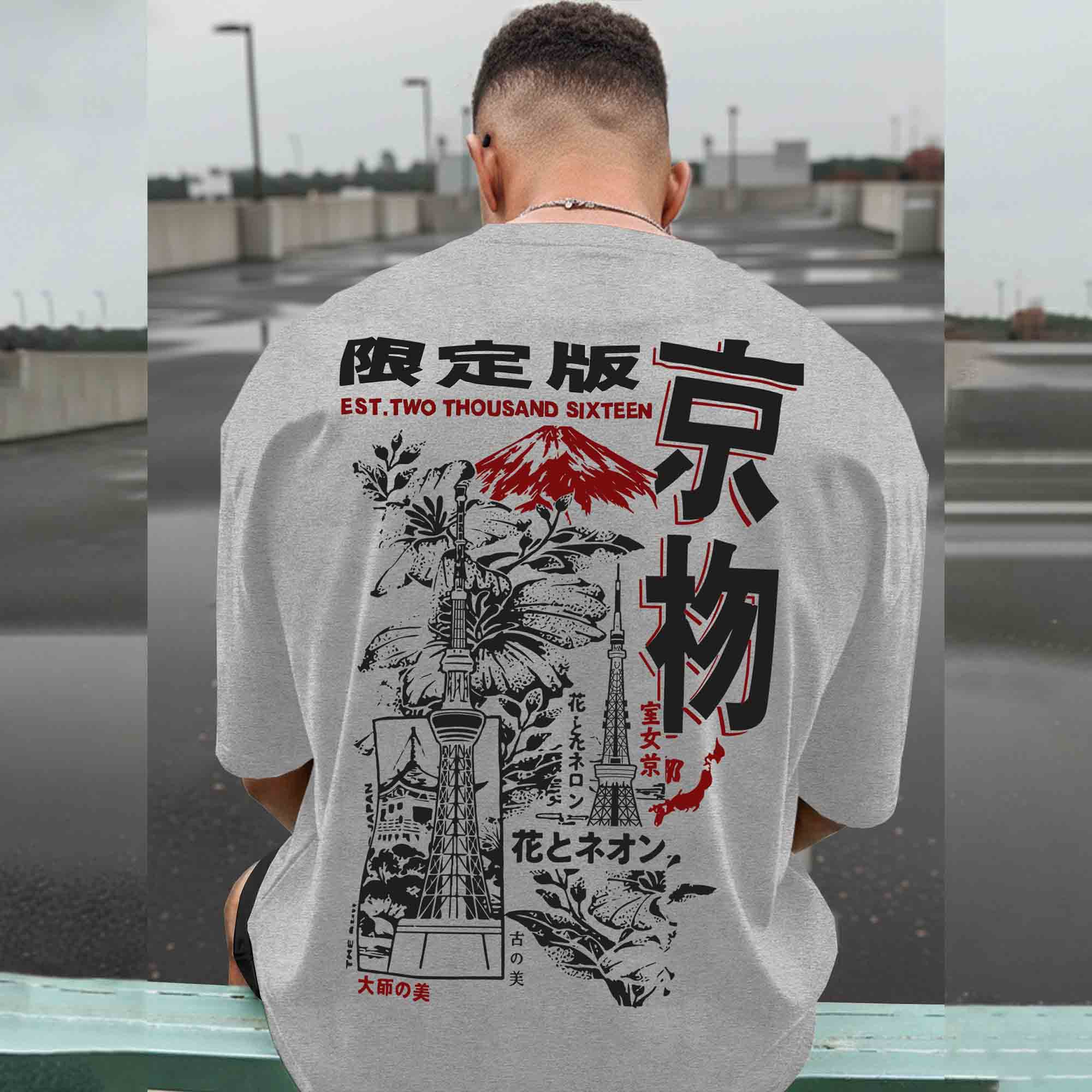 Men Back Printed Oversized Tshirt Grey