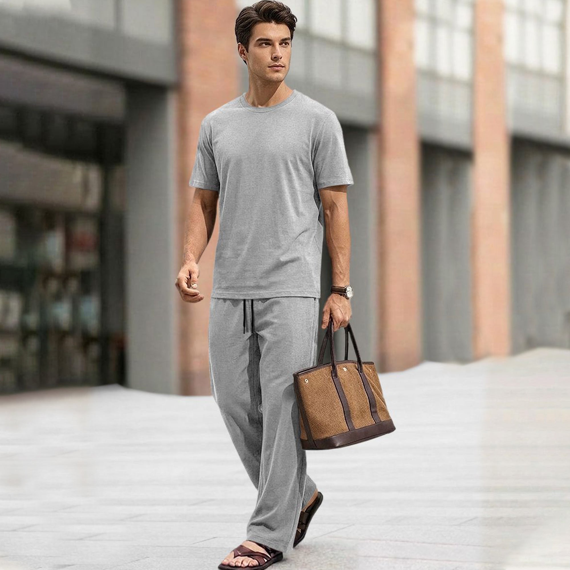 Men Tracksuit Round Neck Plain Tshirts Loose Fit Plain Trackpants