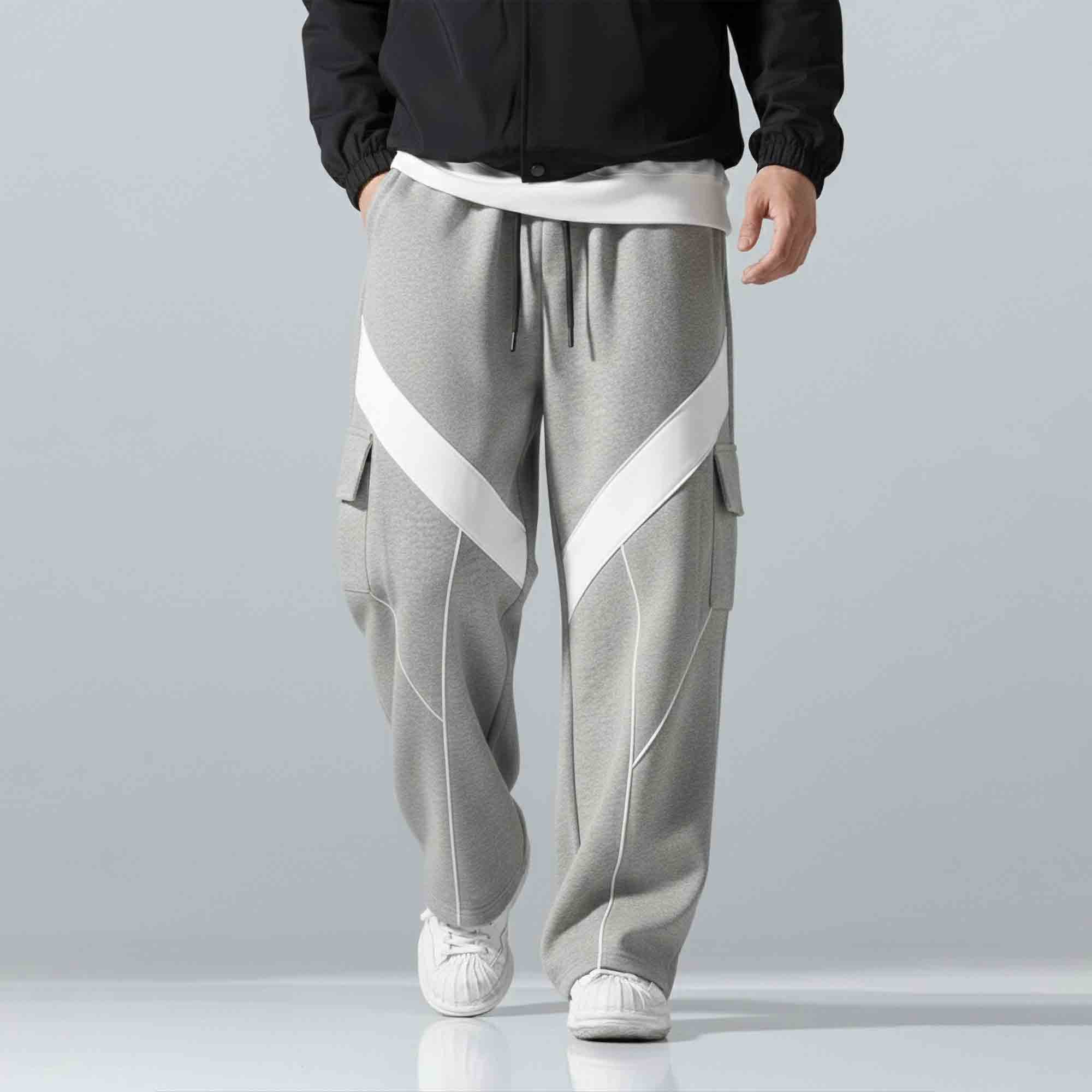 Multi Pockets Colorblocked Plain Baggy Cargo Grey