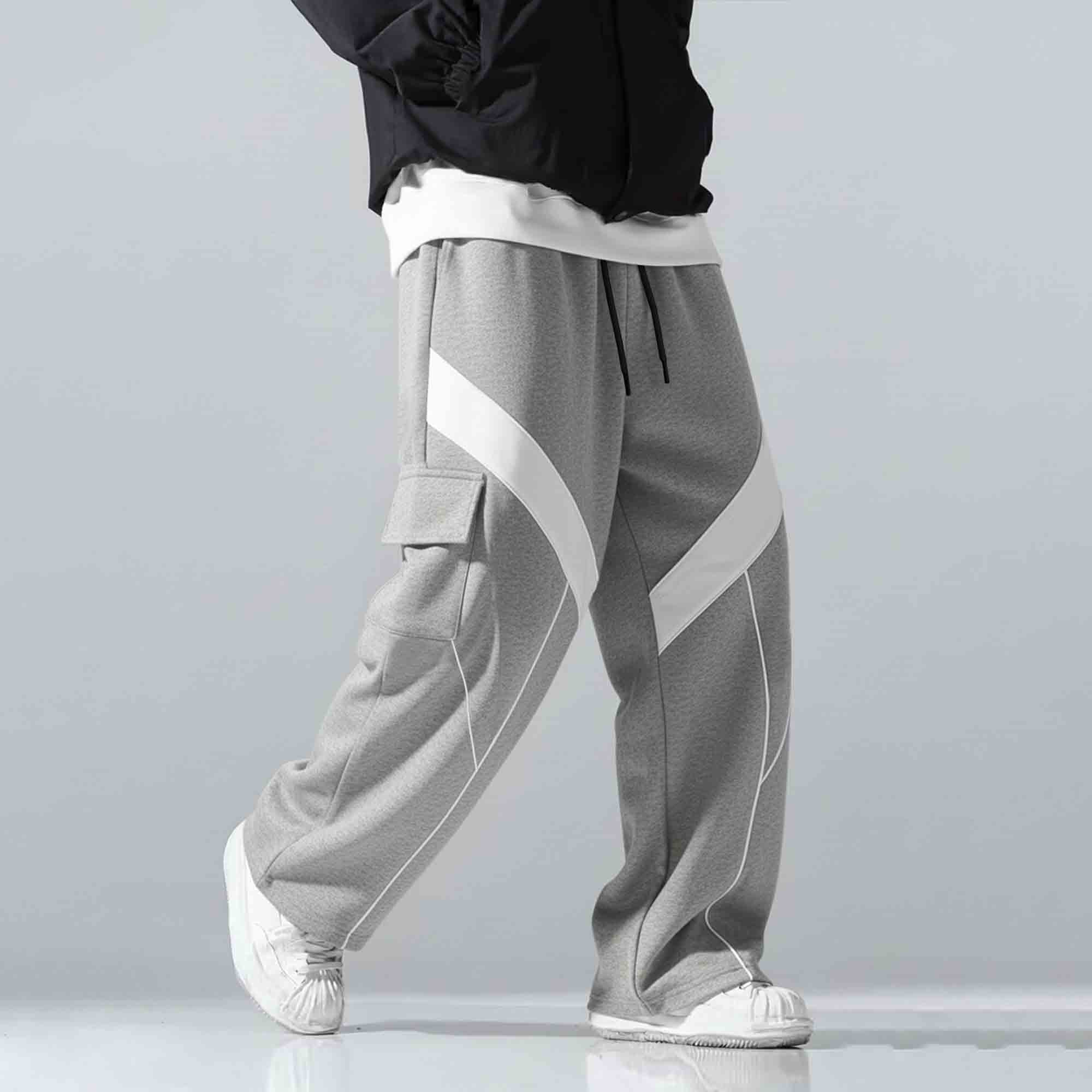 Multi Pockets Colorblocked Plain Baggy Cargo Grey