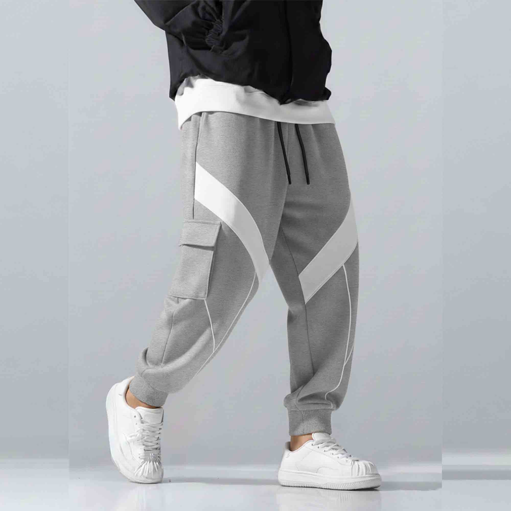 Mens Dual Color Multipockets Cargo Jogger Grey-White