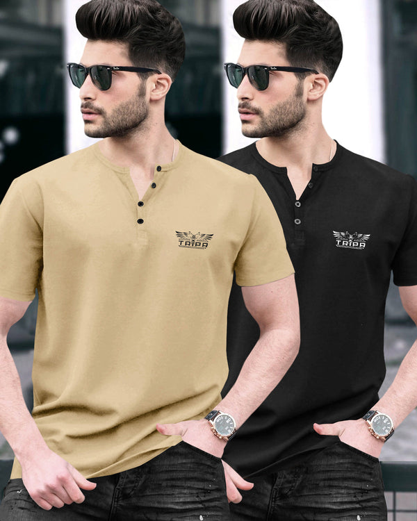 Pack of 2 Men Printed Henley Neck Cotton Blend Multicolor T-Shirt