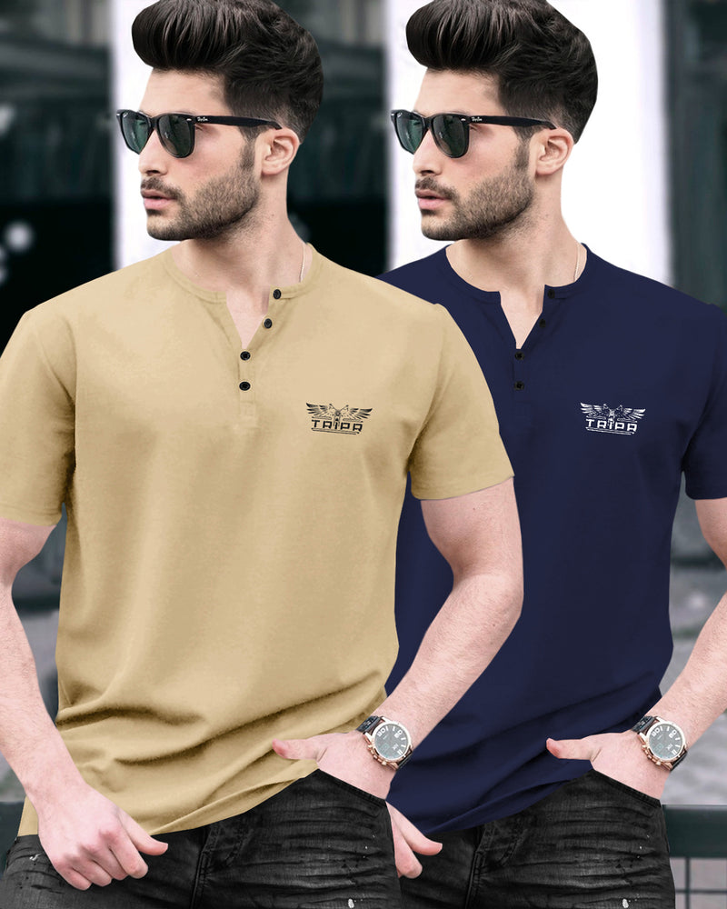 Pack of 2 Men Printed Henley Neck Cotton Blend Multicolor T-Shirt