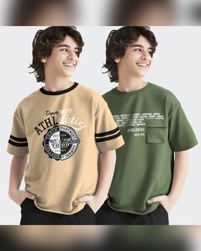 (Pack of 2) Boys Printed Cotton Blend T-Shirt / Beige - Olivegreen