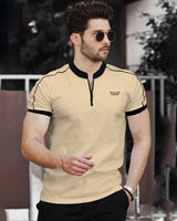 Men Beige V-neck Half Sleeve Zip Black Piping T-shirt