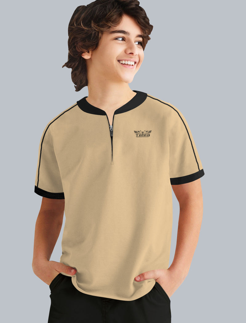 Boys Zip Beige Black Contrast T-shirt