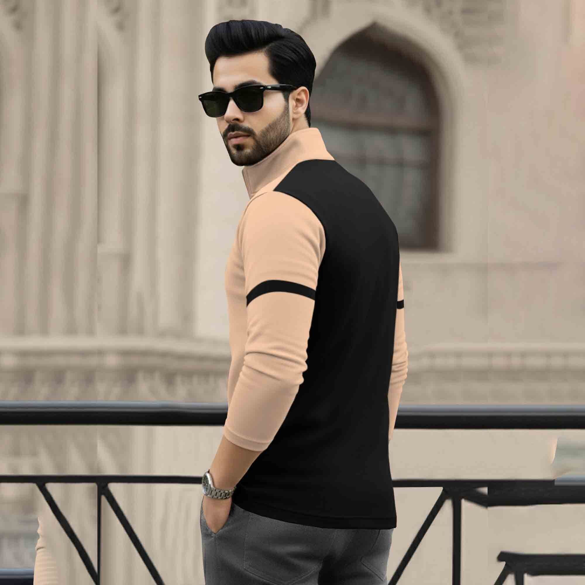 Men Full Sleeve High Neck Arm Striped Pause Printed T-shirt Beige-Black