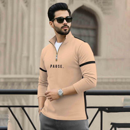 Men Full Sleeve High Neck Arm Striped Pause Printed T-shirt Beige-Black